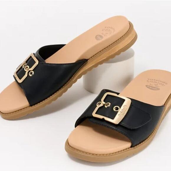Dr. Scholl's Slide Sandals Women 8W Black Get it Movin Iconic Buckle Flats Beach - Picture 2 of 7